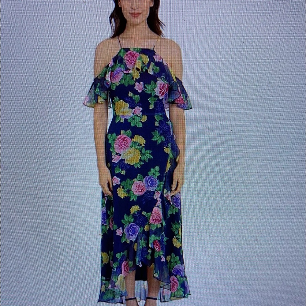 London Times Feminine Cold Shoulder Halter Floral High Low Feminine Dress